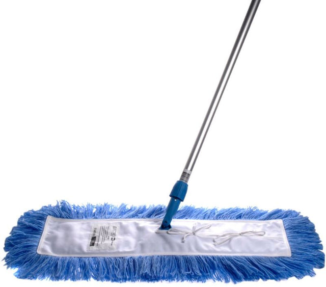 Dust Control Mop Complete in blue, 910mm wide, featuring a durable frame and a replaceable mod-acrylic fringe pad for efficient dust cleaning.