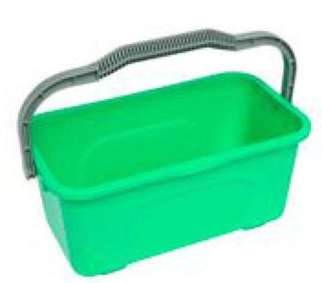 Green 12L window cleaning bucket with sturdy handle, ideal for use with mop pads and squeegees, ensuring a streak-free shine.