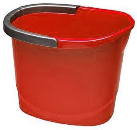 Wide red mop bucket with 13L capacity, featuring an extra wide mouth and integrated handle for easy cleaning.