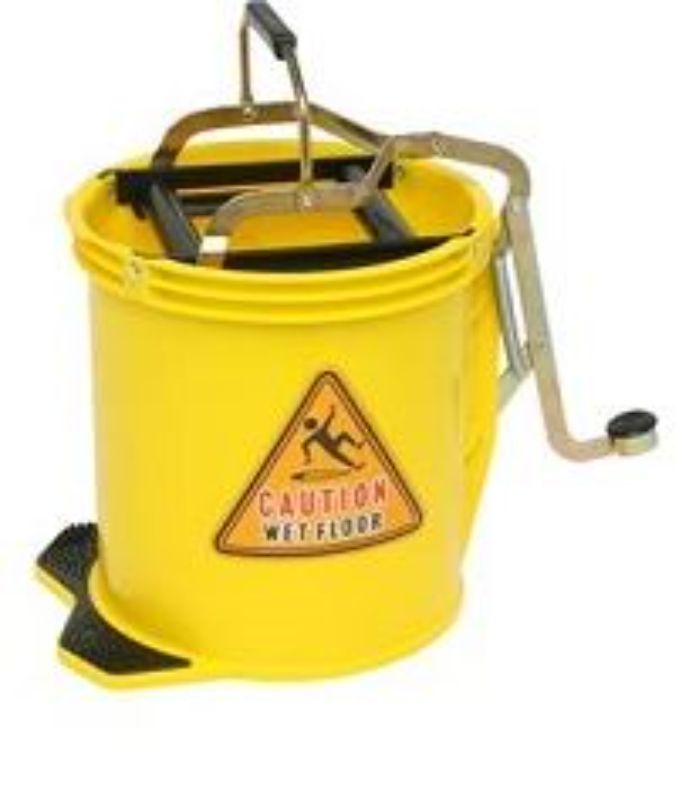 Vibrant yellow metal wringer bucket with 16L capacity, double-sided foot pedal, and sturdy anti-corrosive construction.