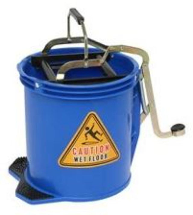 Blue metal wringer bucket with 16L capacity, non-slip foot pedal, anti-corrosive design, and soft grip pads for stability.