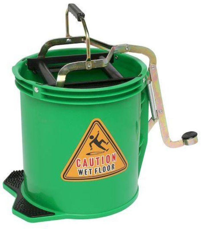 Vibrant green metal wringer bucket with 16L capacity, non-slip foot pedal, and anti-corrosive features for efficient cleaning.