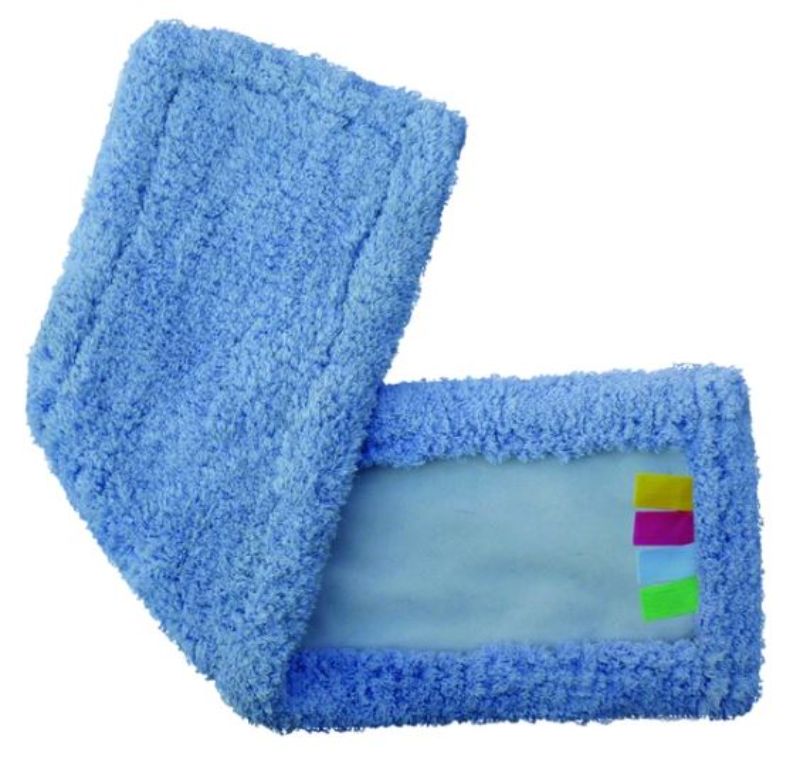 Blue flat mop pad, 640mm wide, designed for dry use, captures dust effectively, lightweight, and features color coding for hygiene.