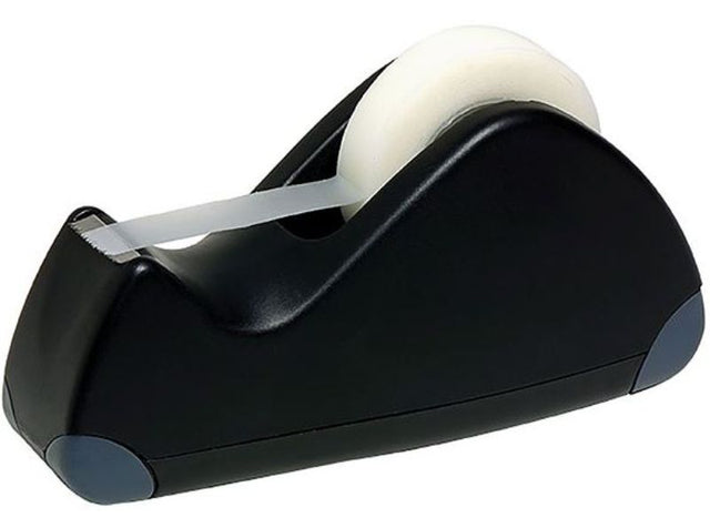 Sleek black desktop tape dispenser made of durable ABS plastic, designed for stability and efficiency in any workspace.