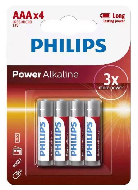 Philips Power Alkaline Batteries in red, pack of 4 AAA, perfect for powering remotes, toys, and more with reliable, long-lasting energy.