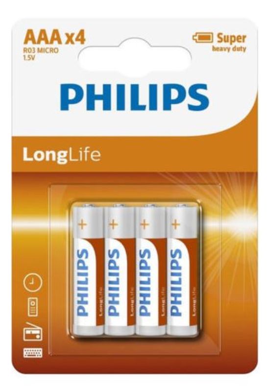 Philips Long Life Orange AAA batteries (4-pack) for reliable power in remotes, radios, and low to mid-drain devices.