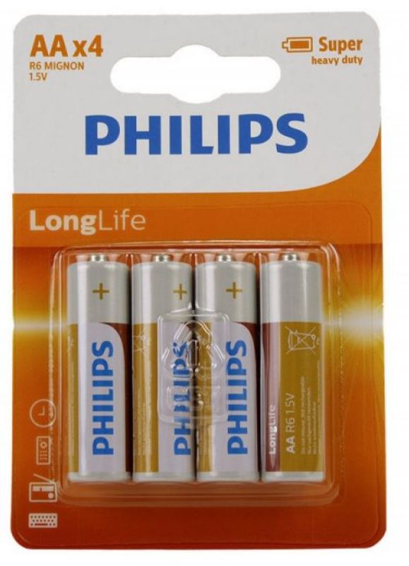 Philips Long Life AA Batteries (Pack of 4) in orange, designed for long-lasting power in everyday devices.