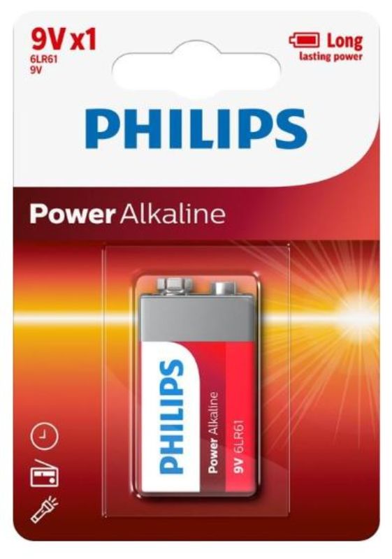 Philips 9V red alkaline battery, designed for mid-drain devices like smoke alarms and toys, ensuring reliable, long-lasting power.