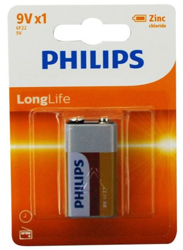 Philips Long Life 9V battery in orange, designed for mid-drain devices like smoke alarms and toys, ensuring reliable power.