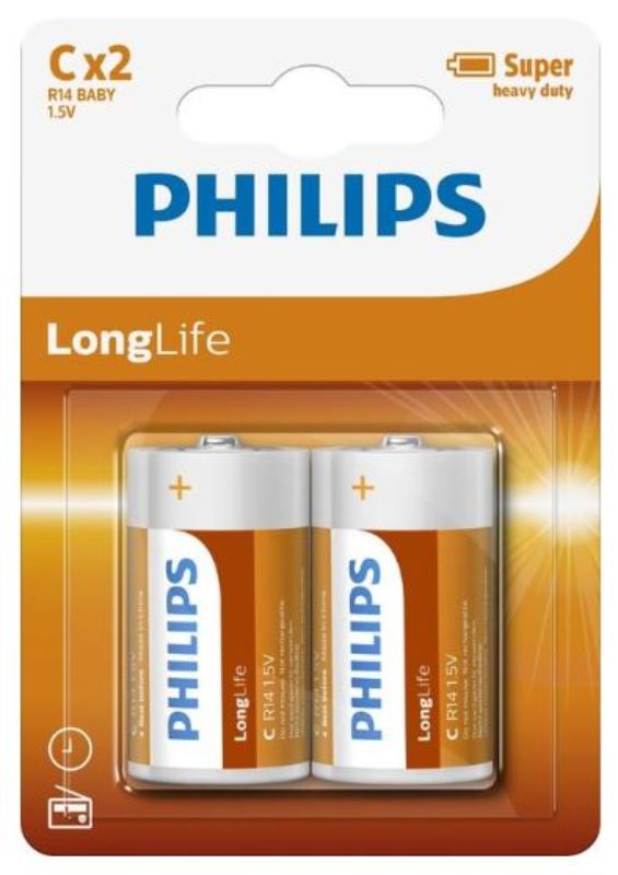 Philips Long Life C Batteries - Orange, pack of 2, reliable power for high-drain devices like calculators and torches.