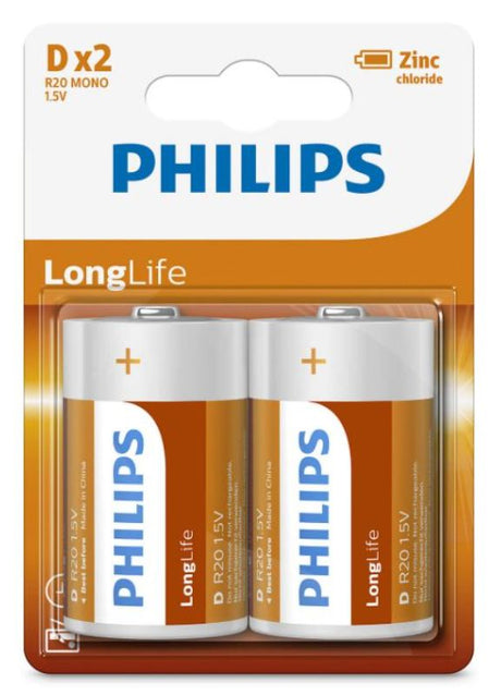 Philips Power Alkaline Batteries in orange, D size, pack of 2; ideal for high drain devices and long-lasting power.