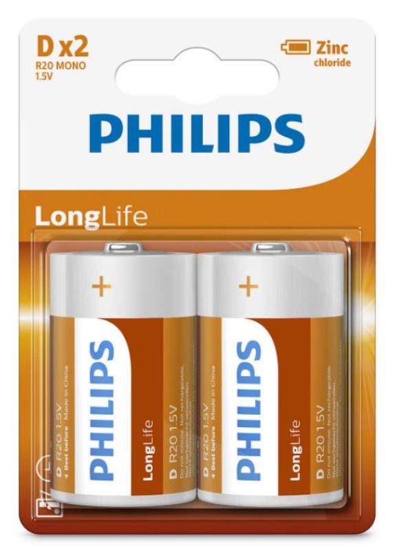 Philips Power Alkaline Battery - Orange, D Size (Pack of 2)