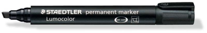 Pack of 10 black Staedtler permanent markers with chisel tips for versatile marking on various surfaces, smudge-proof and waterproof.