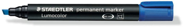 Pack of 10 blue Staedtler permanent markers with chisel tips, perfect for versatile marking on various surfaces.