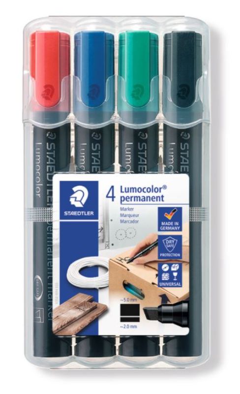 Pack of 4 Staedtler permanent markers with chisel tips in vibrant colors, ideal for precise marking on various surfaces.
