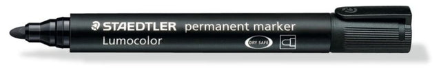 Pack of 10 black Staedtler permanent markers with bullet tips, ideal for vibrant, smudge-proof marking on various surfaces.