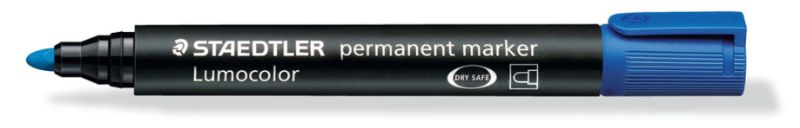 Pack of 10 Staedtler blue permanent markers with bullet tips, ideal for writing on various surfaces, quick-drying, and low-odor.