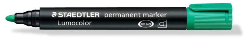Pack of 10 Staedtler green permanent markers with bullet tips, ideal for precise writing on various surfaces.