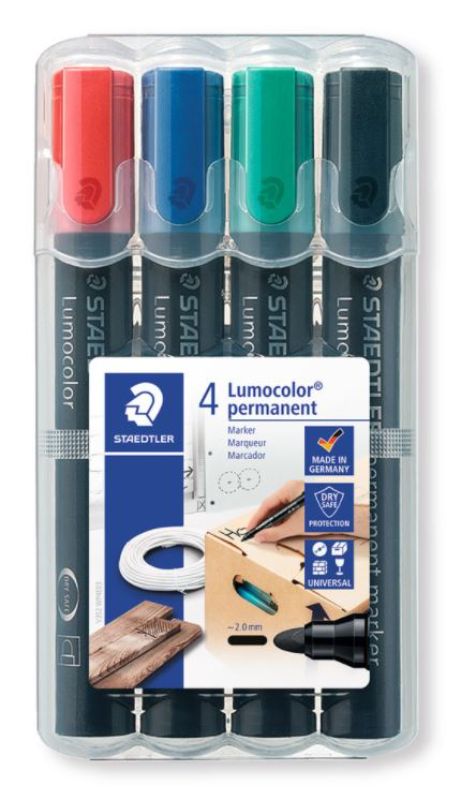 Set of 4 Staedtler bullet tip permanent markers in assorted colors, ideal for vibrant, smudge-proof writing on various surfaces.