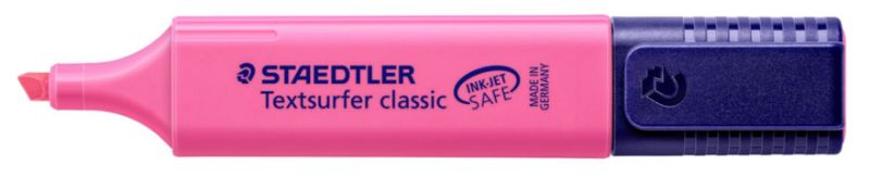 Pack of 10 pink Staedtler highlighters with chisel tips for versatile highlighting and organized notes; square design prevents rolling.