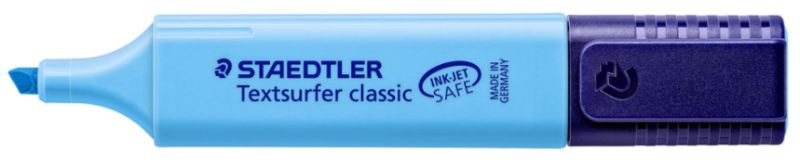 Pack of 10 blue Staedtler Classic Highlighters with chisel tip, suitable for thick and thin lines on various surfaces.