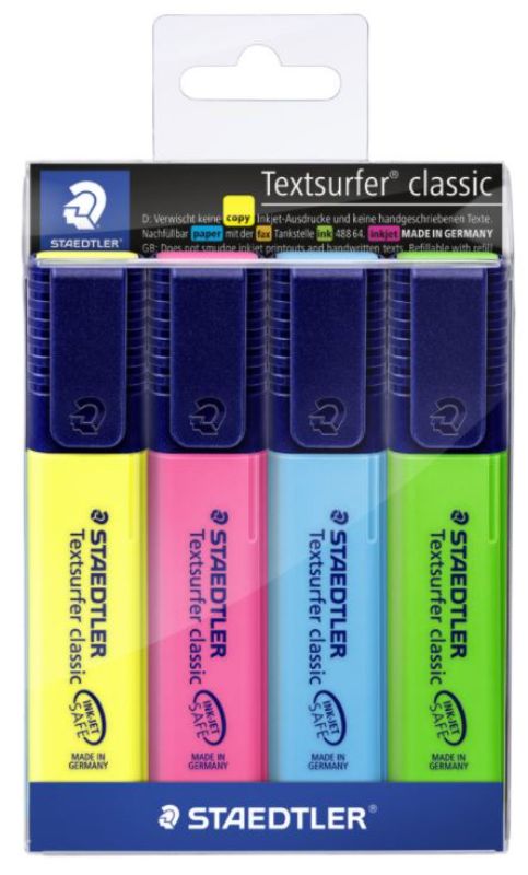 Assorted Staedtler highlighters in a pack of 4, featuring chisel tips for versatile line widths and vibrant, water-based ink.