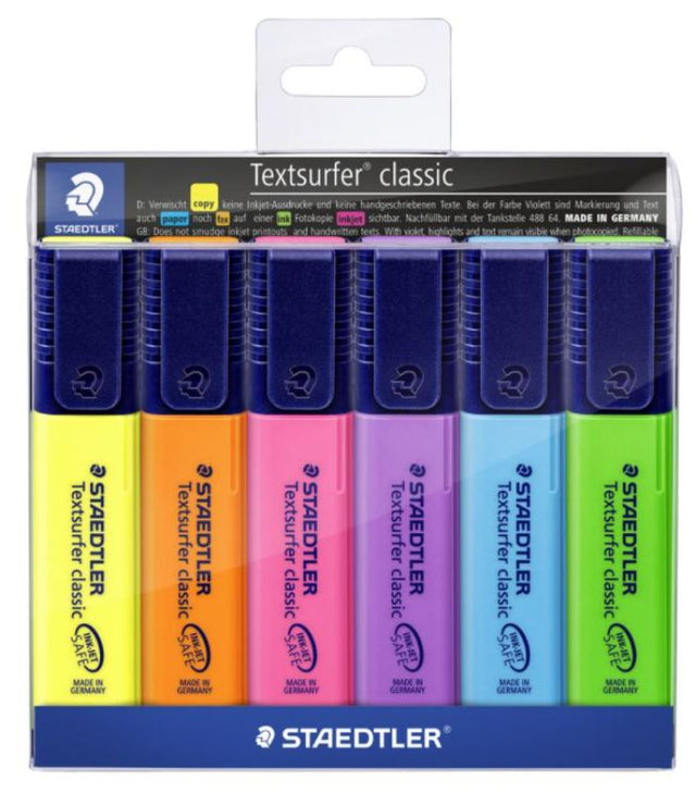 Pack of 6 vibrant Staedtler Classic Highlighters with chisel tips, perfect for organizing notes with versatile line widths.