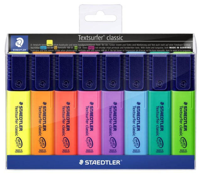 Set of 8 Staedtler Classic Highlighters with chisel tips for versatile marking in vibrant colors, featuring a square design.