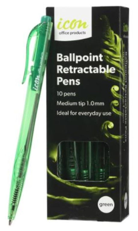 Green Icon Ball Point Pens, medium 1.0mm tip, pack of 10, featuring a comfortable grip and smooth, waterproof ink.