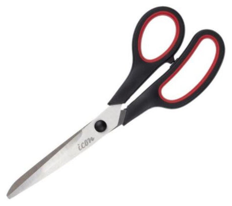 Soft grip scissors in vibrant orange and black, 214mm long with stainless steel blades for effortless cutting.