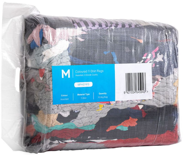 Assorted coloured t-shirt rags in a 10.0kg compressed bag, perfect for cleaning and polishing without lint.