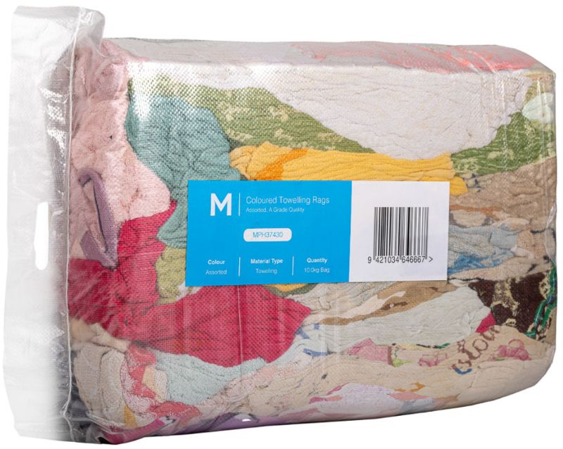 Assorted colored towelling rags in a 10.0kg compressed bag, soft, absorbent, and perfect for diverse cleaning tasks.