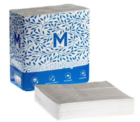 White 2 Ply Cocktail Napkins, 240mm x 240mm, elegantly folded for easy use, perfect for any event, pack of 2000.