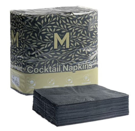 Black 2-ply cocktail napkins, 240mm x 240mm, 1/4 fold design, ideal for elegant events and everyday use, pack of 2000.