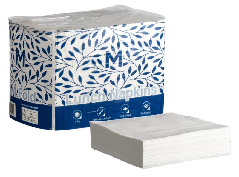 White 1/4 fold lunch napkins, 300mm x 300mm, 1 ply, embossed finish, ideal for cafes, restaurants, and events. Pack of 3000.