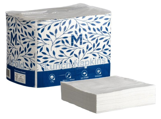 White 1/4 fold lunch napkins, 300mm x 300mm, 1 ply, embossed finish, ideal for cafes, restaurants, and events. Pack of 3000.