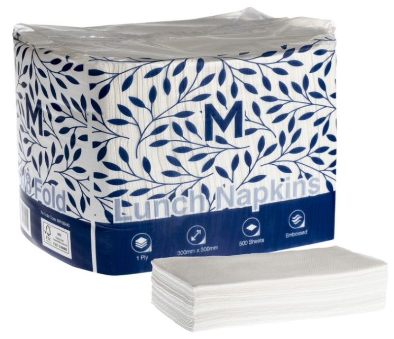 Premium white lunch napkins, 300mm x 300mm, 1-ply, embossed for elegance and absorbency, ideal for cafes and events. Pack of 3000.