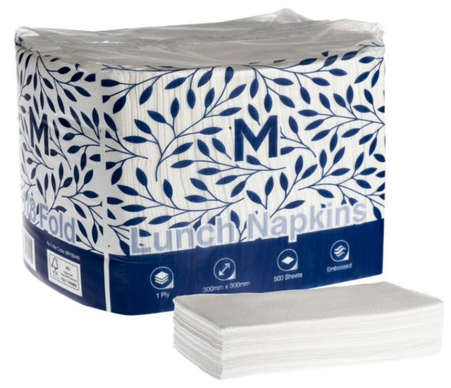 Premium white lunch napkins, 300mm x 300mm, 1-ply, embossed for elegance and absorbency, ideal for cafes and events. Pack of 3000.