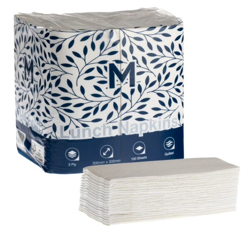 Quilted white lunch napkins, 300mm x 300mm, 2-ply, 1/8 fold, ideal for dining, packed as 2000 for restaurants and events.
