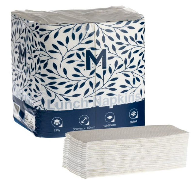 Quilted white lunch napkins, 300mm x 300mm, 2-ply, 1/8 fold, ideal for dining, packed as 2000 for restaurants and events.