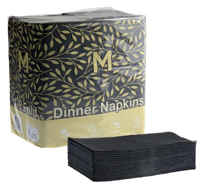 Quilted black dinner napkins in 1/8 fold, 400mm x 400mm, 2-ply, ideal for elegant dining, pack of 800.