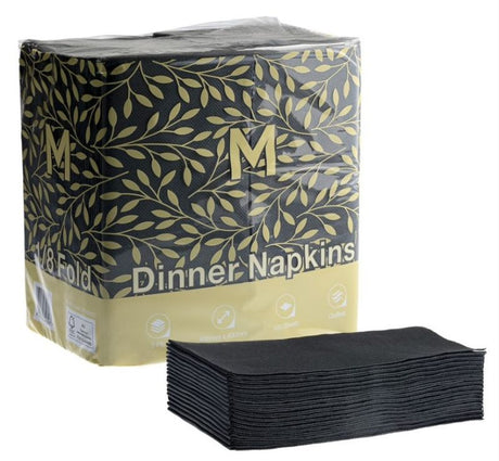 Quilted black dinner napkins in 1/8 fold, 400mm x 400mm, 2-ply, ideal for elegant dining, pack of 800.