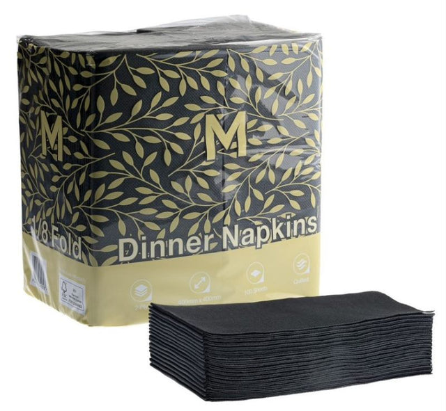 Quilted black dinner napkins in 1/8 fold, 400mm x 400mm, 2-ply, ideal for elegant dining, pack of 800.