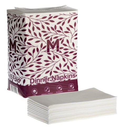 White linen look dinner napkins, 400mm x 400mm, 1-ply, pack of 500, perfect for elegant dining and easy cleanup.