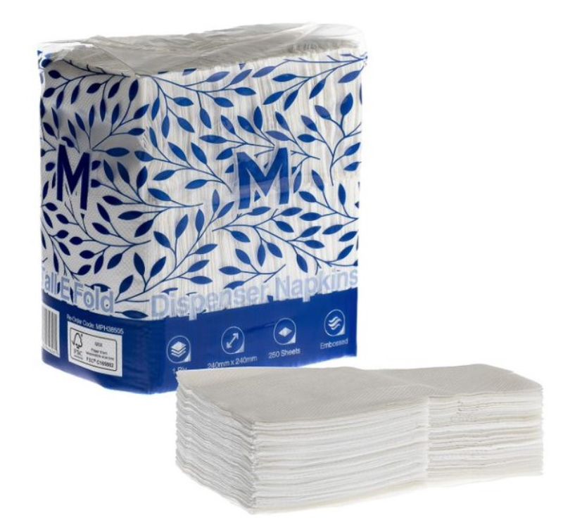 Compact E-fold napkins in white, 240mm x 240mm, 1-ply for hygienic use, ideal for restaurants and cafes. Pack of 5000.