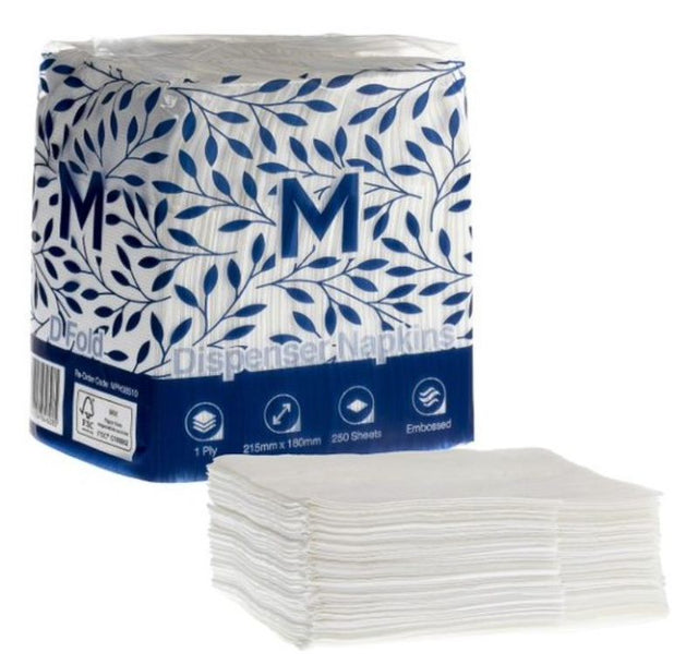 White D Fold dispenser napkins, 180mm x 215mm, 1-ply, pack of 5000 for hygienic and efficient dining experiences.