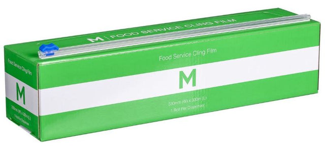 Clear manual cling wrap in a 330mm x 300m roll, featuring a slide cutter for easy food preservation and airtight sealing.