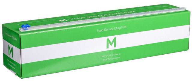 Clear manual cling wrap roll, 450mm x 600m, 9mu thickness with built-in slide cutter for easy cutting and food preservation.