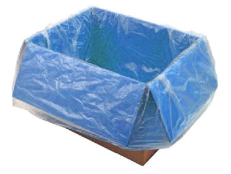 Blue gusseted polyethylene bags, 650mm x 350mm x 650mm, food-grade, durable, ideal for protecting fresh and frozen produce.