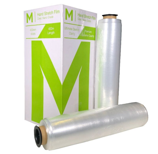 Clear Nano Hand Stretch Film, 450mm x 400m x 9mu, ideal for packaging with quiet unwind and free end caps in a pack of 4.